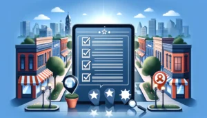 A modern tablet displaying a simplified checklist with check marks, surrounded by symbols such as a magnifying glass, a location pin, a mobile phone, a star for reviews, and a link for backlinks.